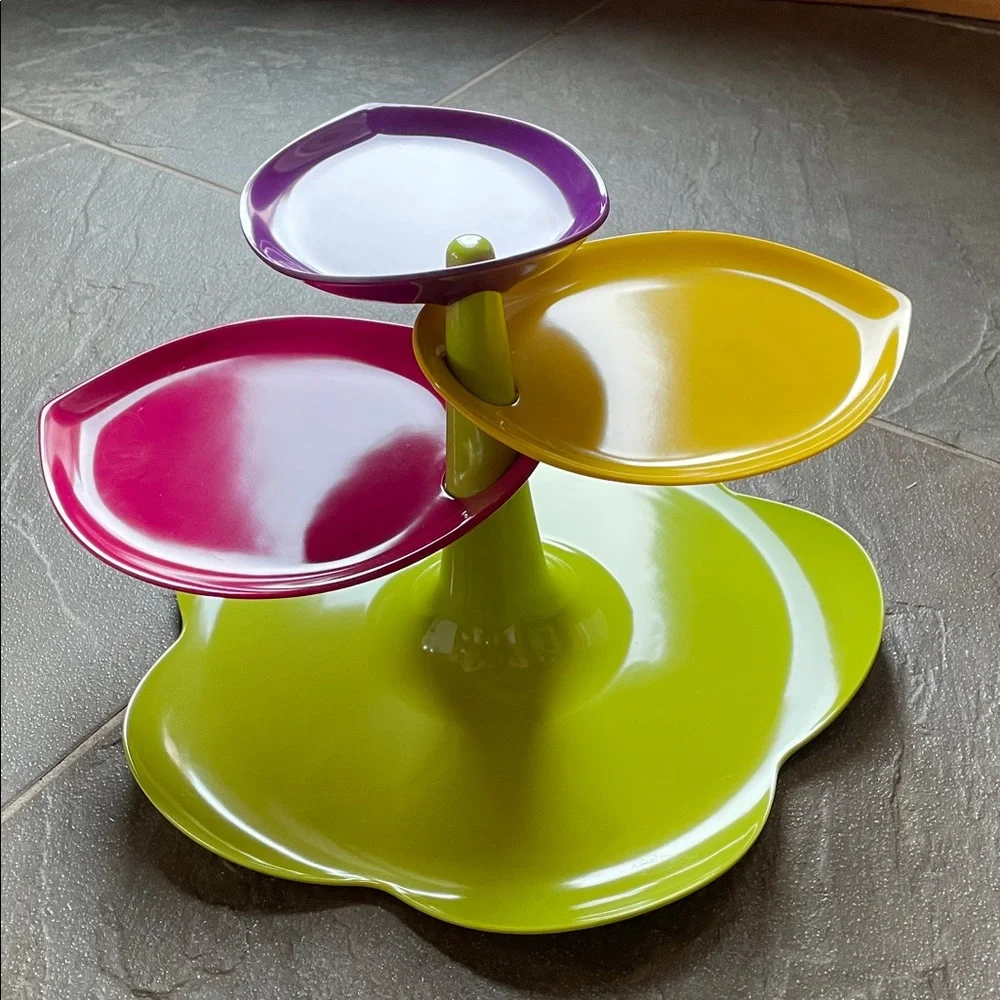 Zak! Colorful Tiered Serving Tray and matching plates.